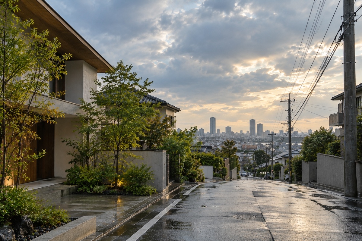 大雨が過ぎた後、雨に濡れた道路と住宅街に光が差す様子