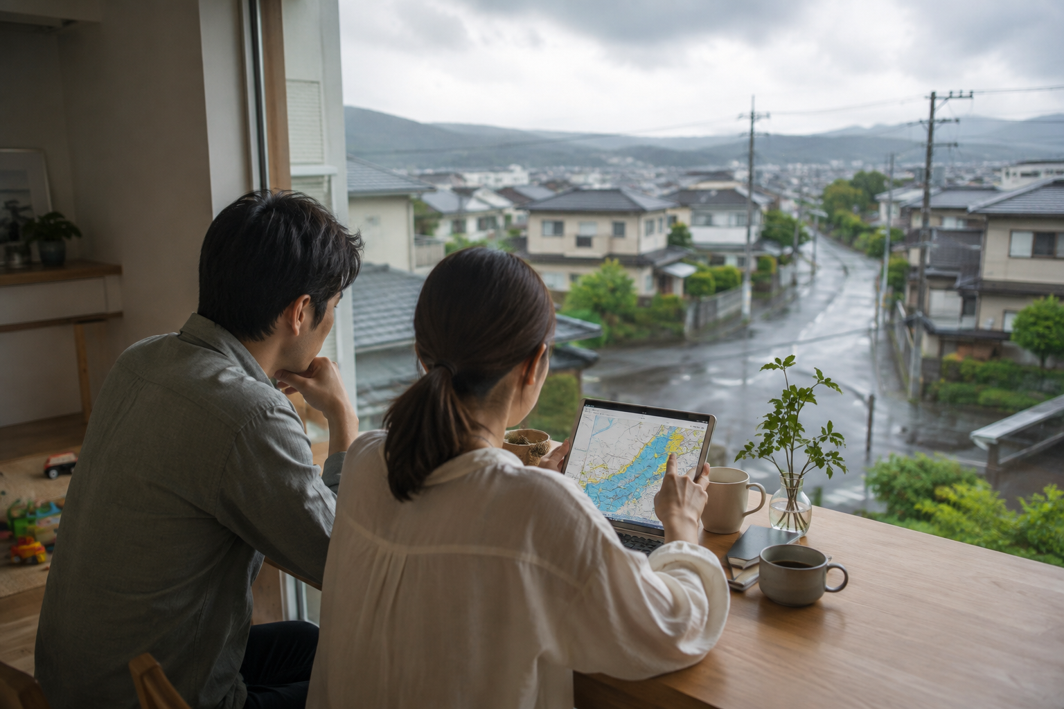 大雨の後、ハザードマップを見ながら土地の水害リスクを確認する夫婦