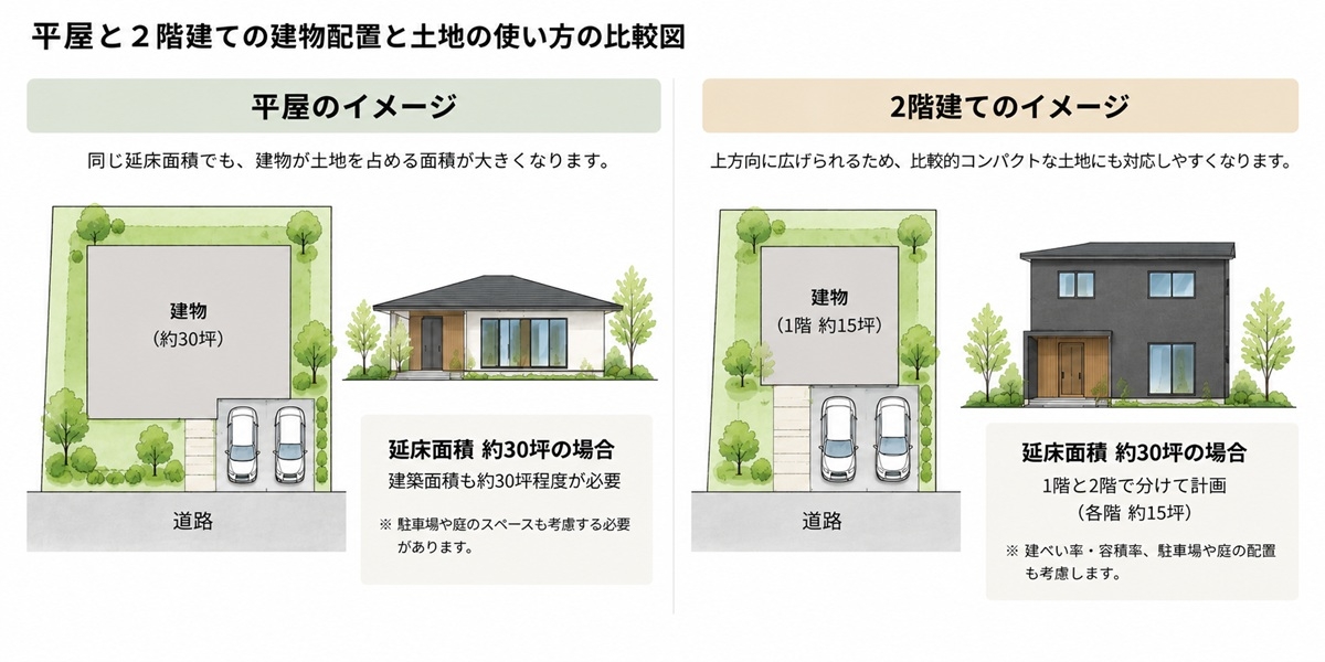 延床面積30坪の平屋と2階建てで、建物が土地を占める面積の違いを示した比較図