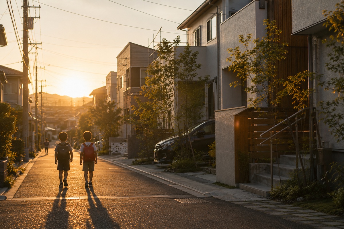 夕暮れの住宅街を一緒に歩く子どもたち