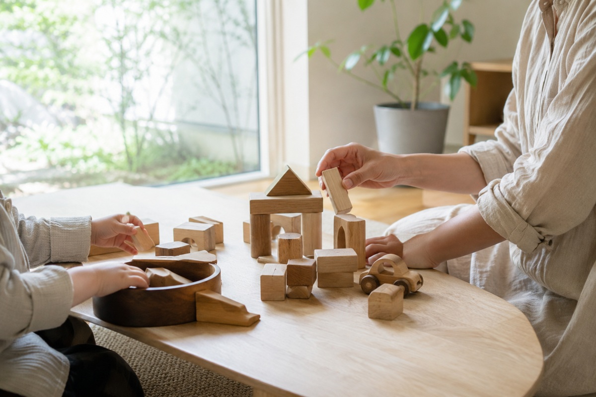 親子で木の積み木を囲み、暮らしを一つずつつくる時間