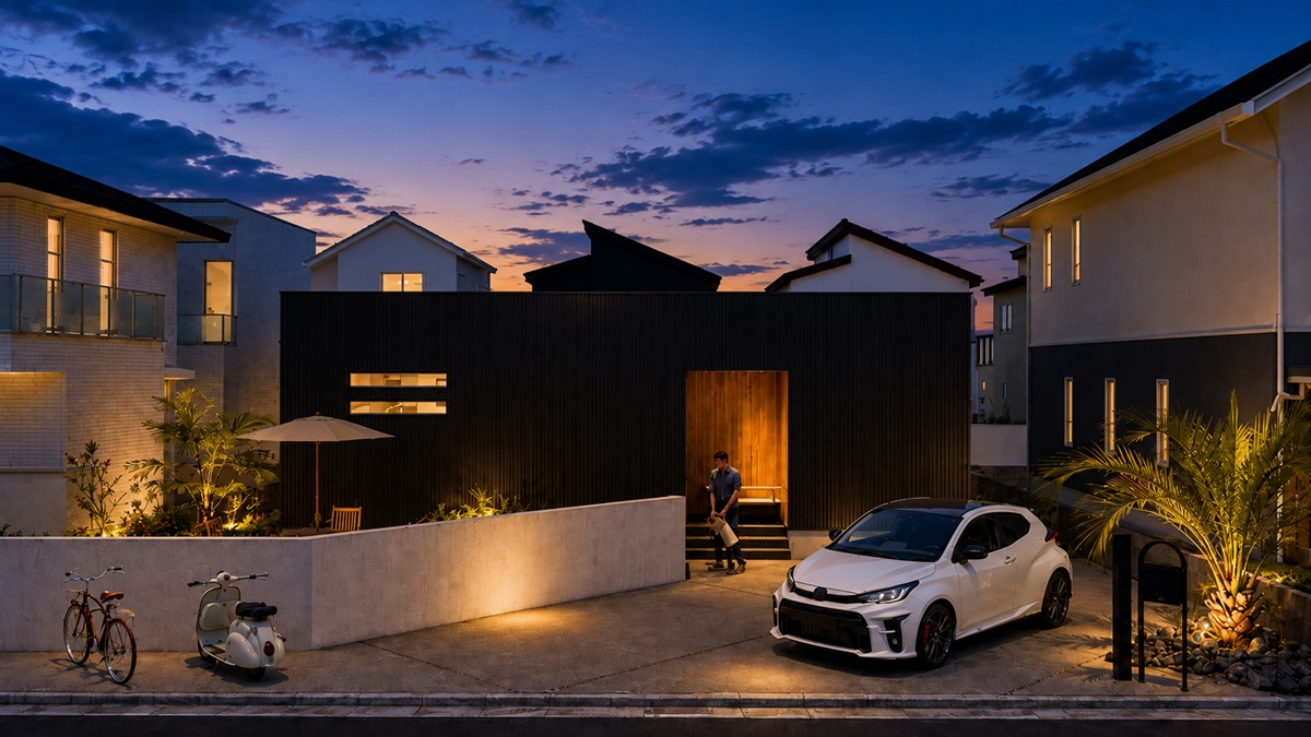 ゾーニングされた平屋の夜の外観